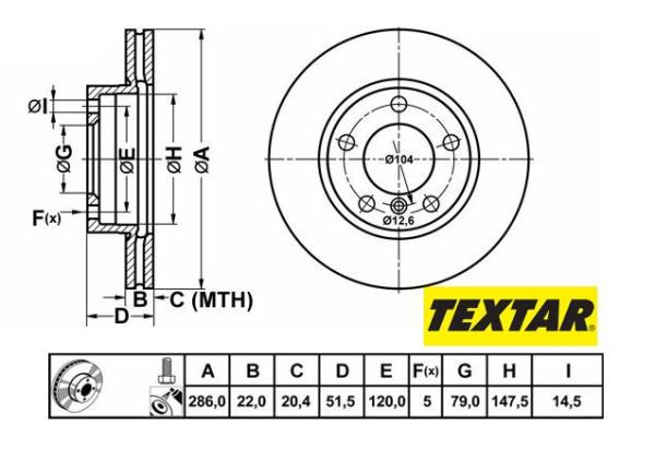 286x22mm Brzdové kotúče TEXTAR predná náprava (2.0i , 2.2i , 2.5i) 92055605