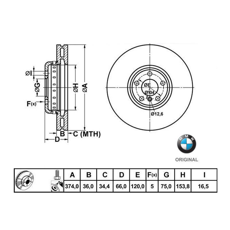 374x36mm Brzdové kotúče Originál BMW predná náprava (550i, 550iX) 34116789543