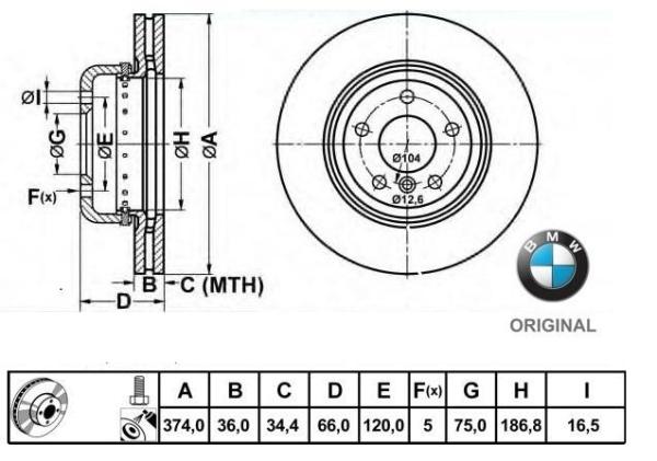 374x36mm Brzdové kotúče Originál BMW predná náprava (550i, 550iX) 34116785675