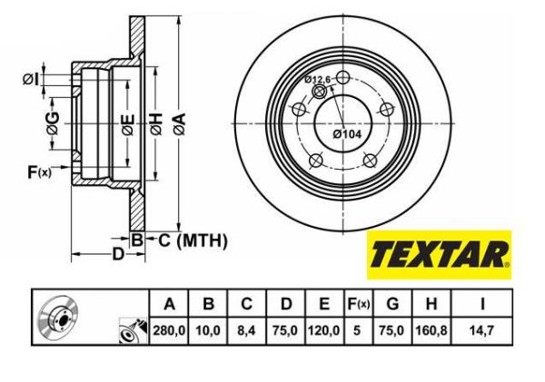 280x10mm Brzdové kotúče TEXTAR zadná náprava ( 2.0i , 2.2i , 2.5i) 92055703