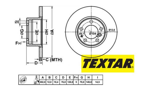 302x12mm Brzdové kotúče TEXTAR predná náprava (518i, 520i, 524td, 525tds) 92042103