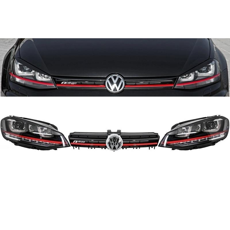 Sada Svetlometov (H7 +H7) + Predný grill VW GOLF VII R400 GTI design (Červený)