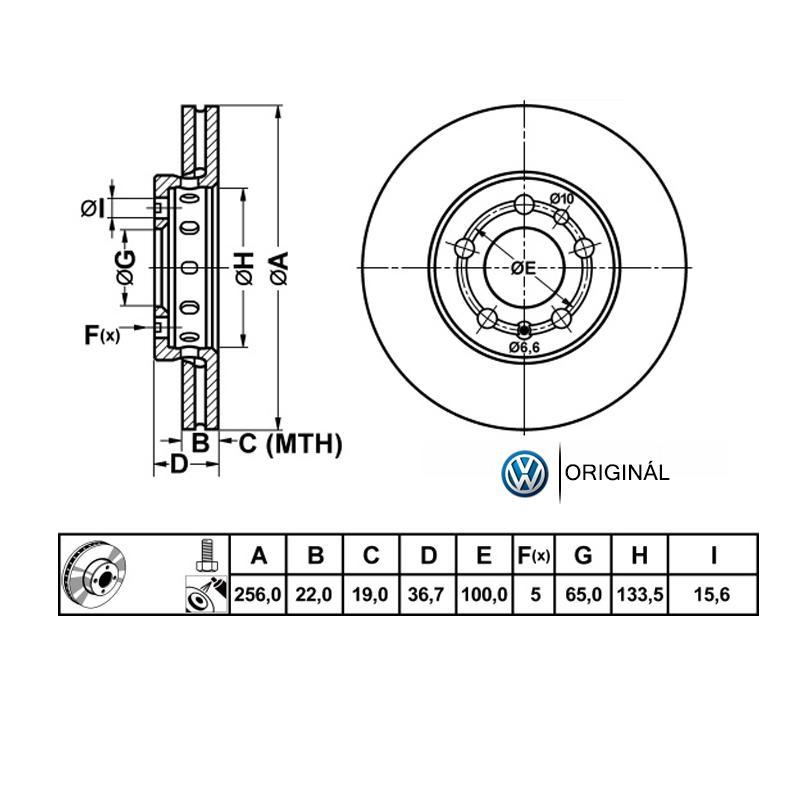 256x22mm Brzdové kotúče predné 2ks Originál Volkswagen