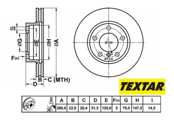 286x22mm Brzdové kotúče TEXTAR  predná náprava (2.0i , 2.2i , 2.8i) 92055605