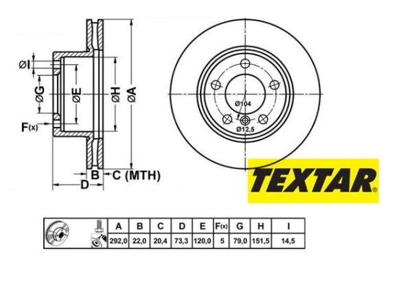 292x22mm Brzdové kotúče TEXTAR predná náprava (16i, 18i, 18d, 20i, 20d) 92132805