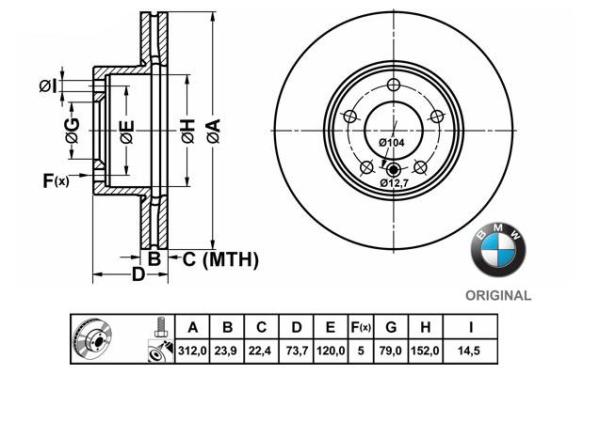 312x23,9mm Brzdové kotúče Originál BMW predná náprava (316i, 320d,..) 34118848417