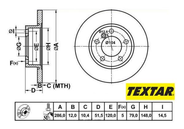 286x12mm Brzdové kotúče TEXTAR predná náprava (1.8i , 1.9i) 92055503