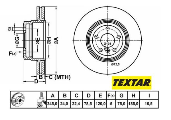 345x24mm Brzdové kotúče TEXTAR zadná náprava (3.0d, 3.0sd, 4.8i) 	92161205