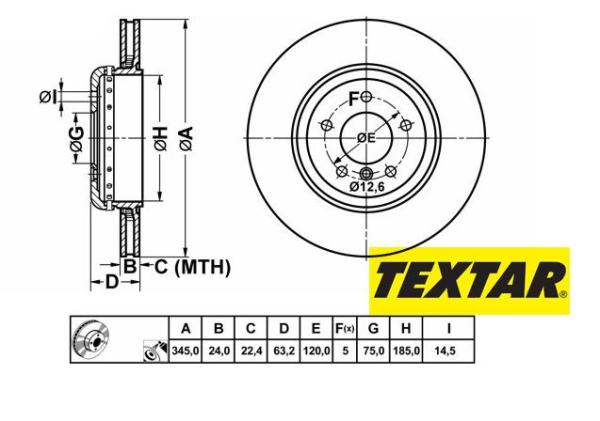 345x24mm Brzdové kotúče TEXTAR zadná náprava (635d, 645i, 650i) 92123203